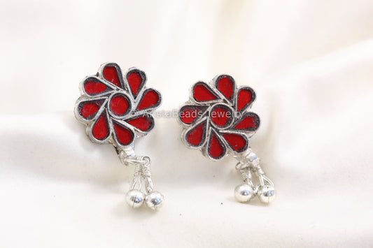 Silver Look Real Glass Stud - Red