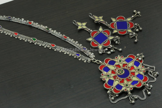 Real Glass Necklace Set - Red Blue