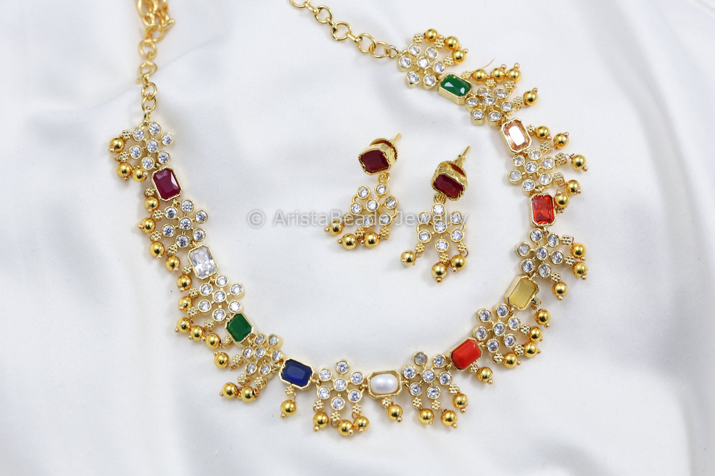 Navratan CZ Polki Necklace Set
