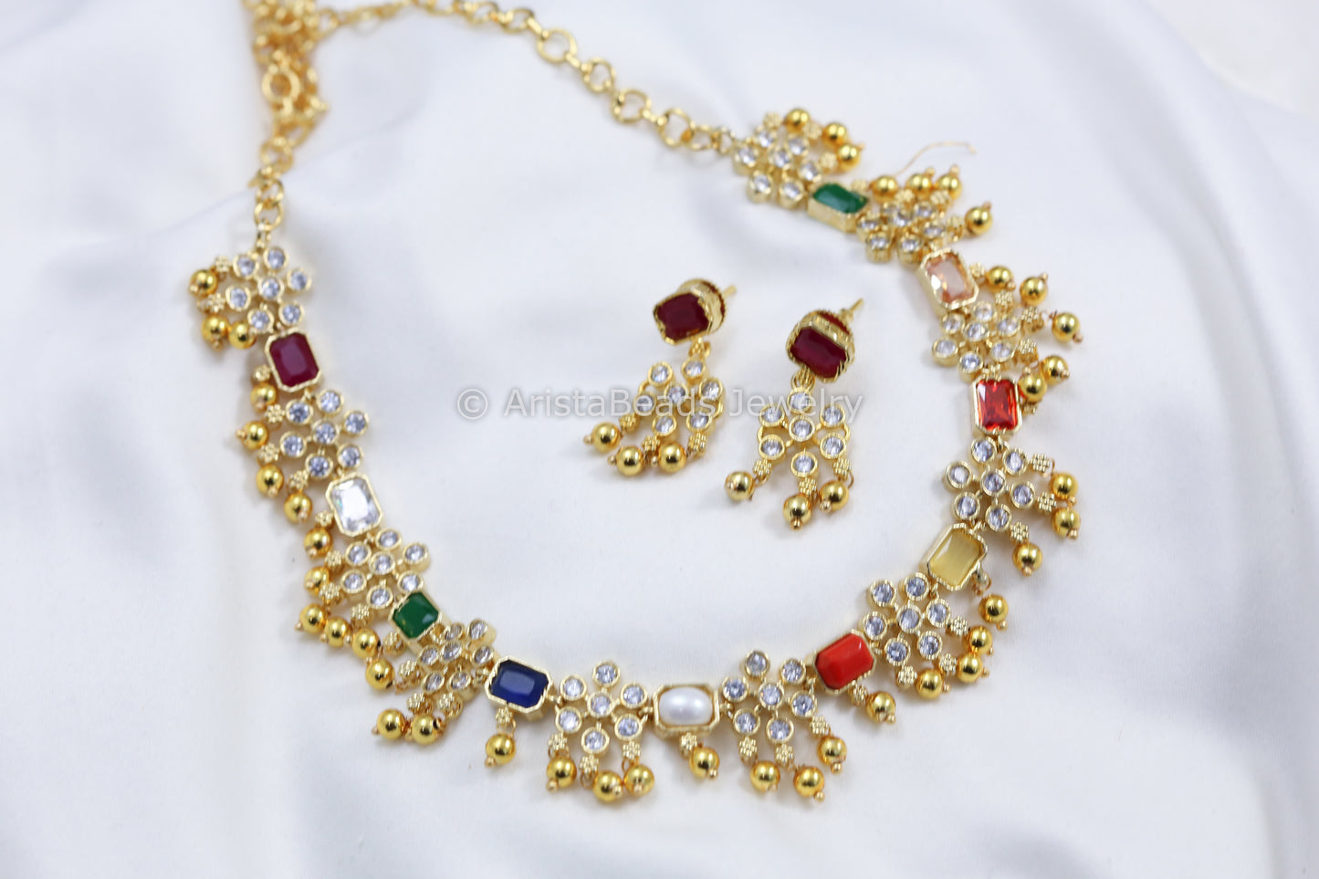 Navratan CZ Polki Necklace Set