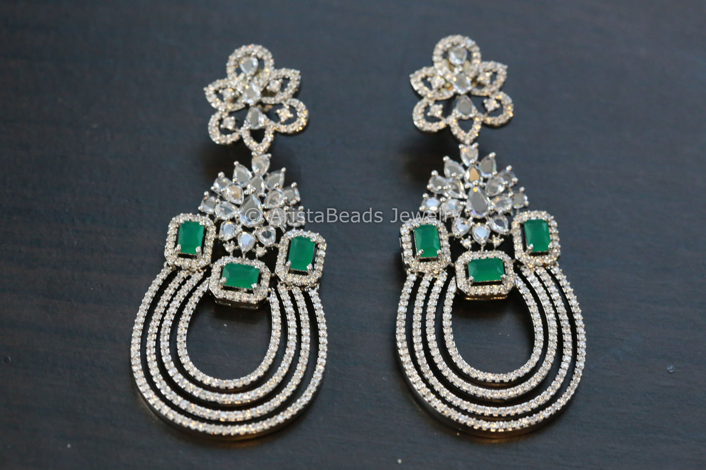 Contemporary Silver Finish Emerald Chandbaali