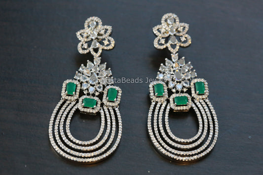 Contemporary Silver Finish Emerald Chandbaali