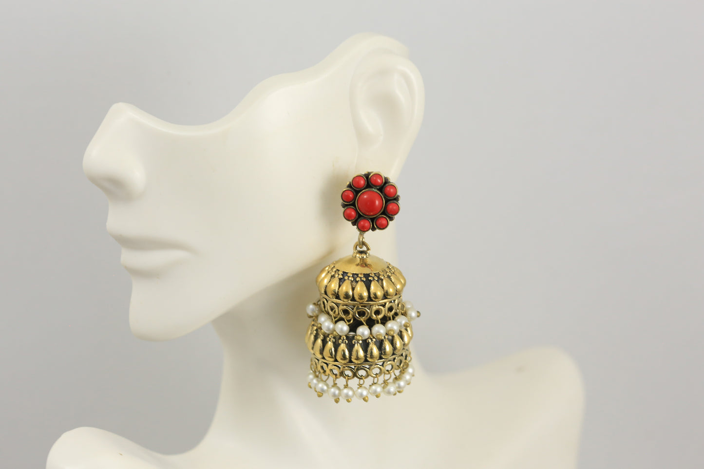 Antique Gold Layered Jhumka - Coral