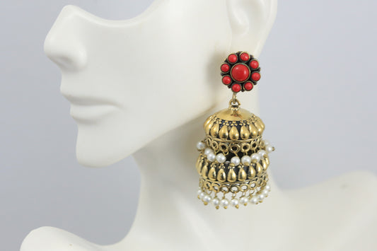 Antique Gold Layered Jhumka - Coral