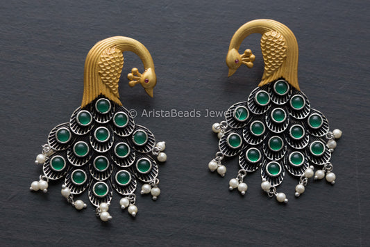 Dual Tone Peacock Earrings - Green