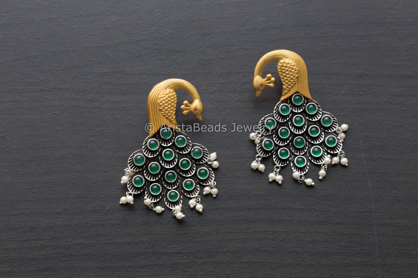 Dual Tone Peacock Earrings - Green
