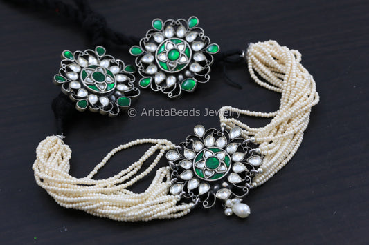 925 Silver Kundan Choker Set - Emerald