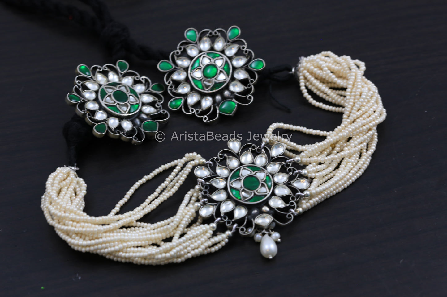 925 Silver Kundan Choker Set - Emerald