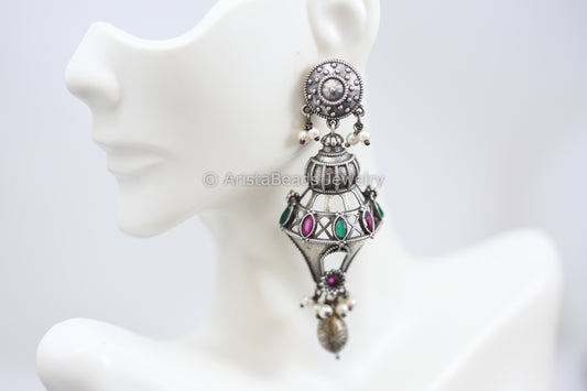 Long Silver Look Earrings - Ruby Green