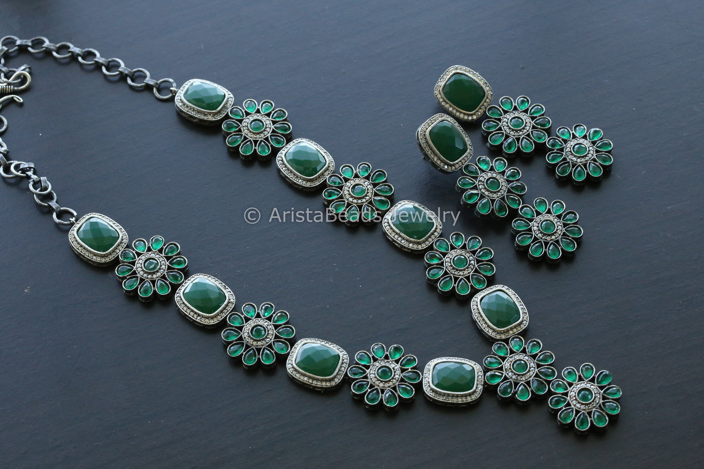 Oxidized Emerald Stone Necklace Set