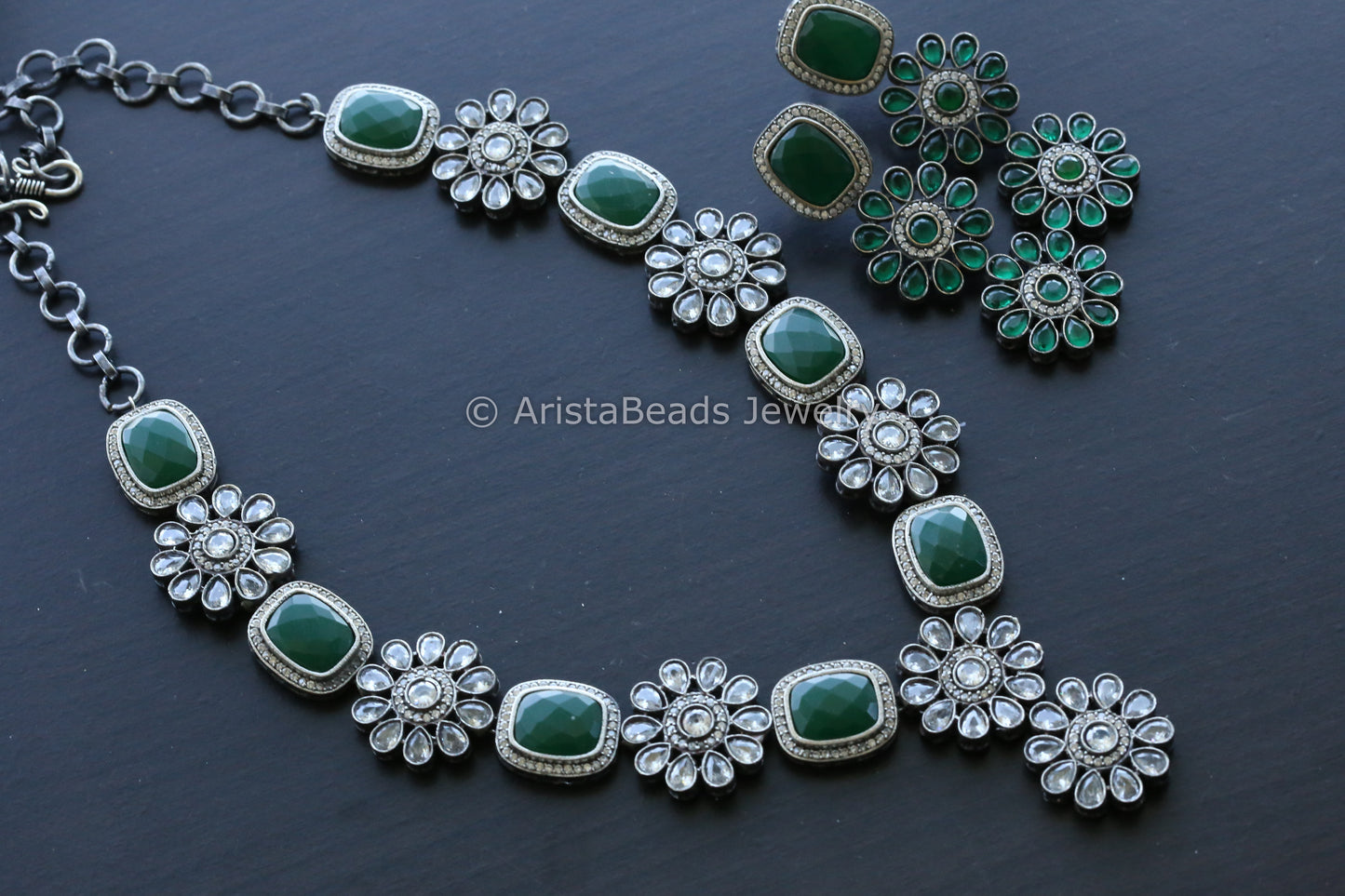 Oxidized Green Clear Stone Necklace Set