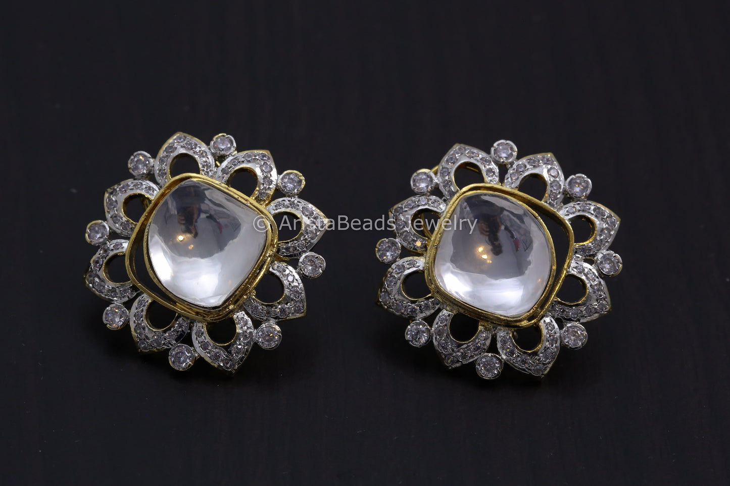 Large Dual Tone CZ Kundan Earrings