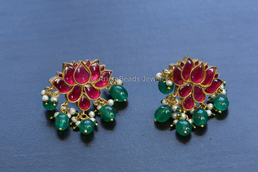 Silver Look Kundan Lotus Earrings