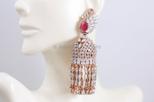 Premium Ruby CZ Jhumka - Rose Gold