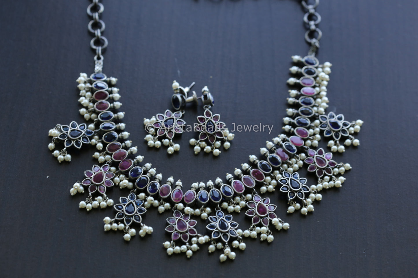 CZ Oxidized Necklace Set - Blue Ruby