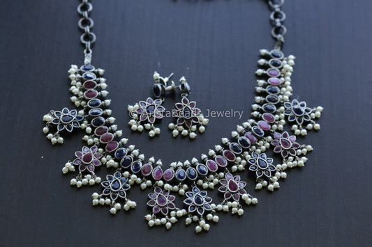 CZ Oxidized Necklace Set - Blue Ruby