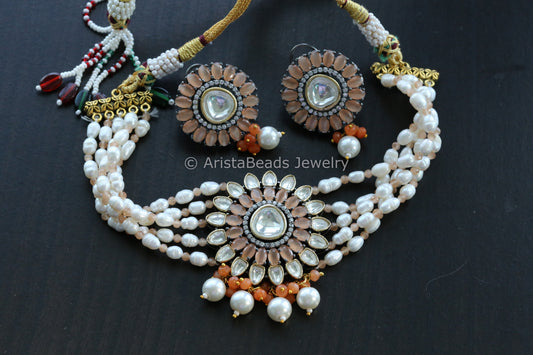 Uncut Kundan Real Pearls Choker Set -Peach
