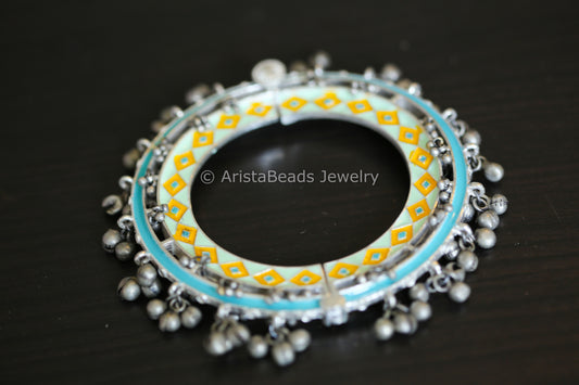 Silver Look Ghungroo Bangle - Blue Yellow