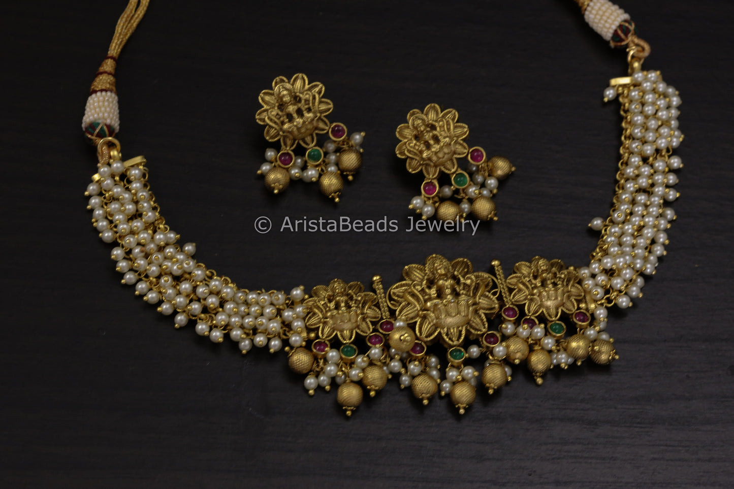 Lakshmi Temple Necklace Set - Pearl