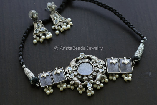 Carved Stones & CZ Choker Set - Gray