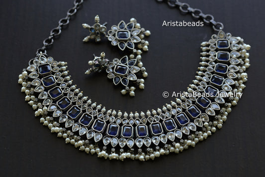 Blue Clear Stone Oxidized Brass Necklace Set