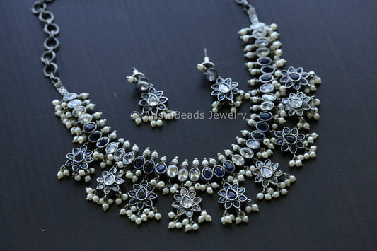 CZ Oxidized Necklace Set - Blue Clear