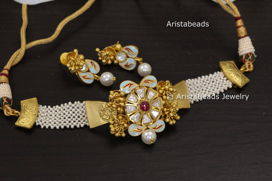 Antique Gold Dainty Enamel Kundan Choker Set -Light Blue