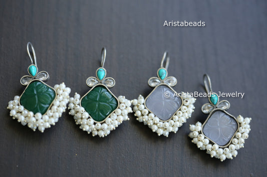 Carved Stone $ Pearl Earrings