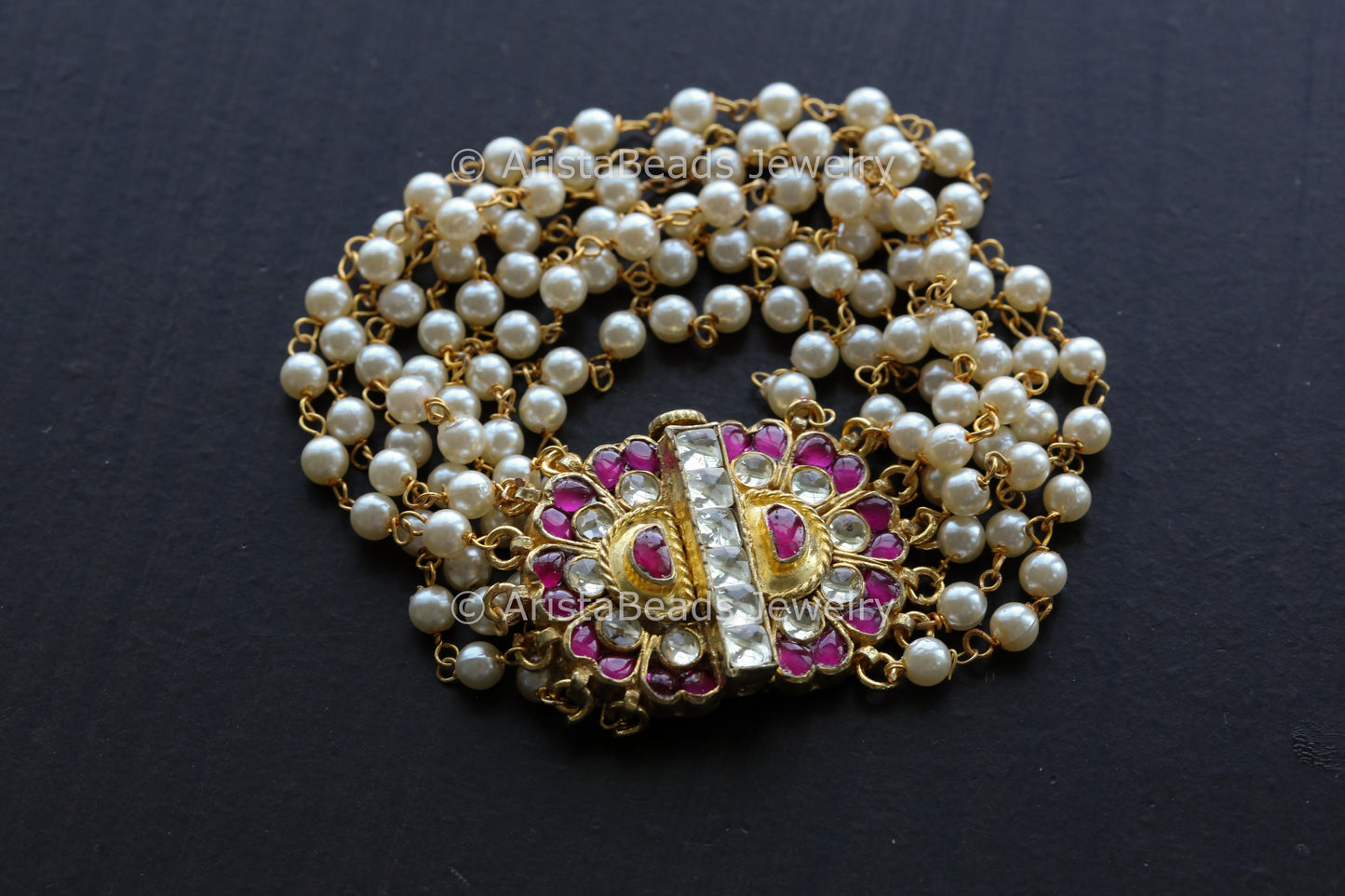 Pachi Kundan Openable Pearl Bracelet - Ruby