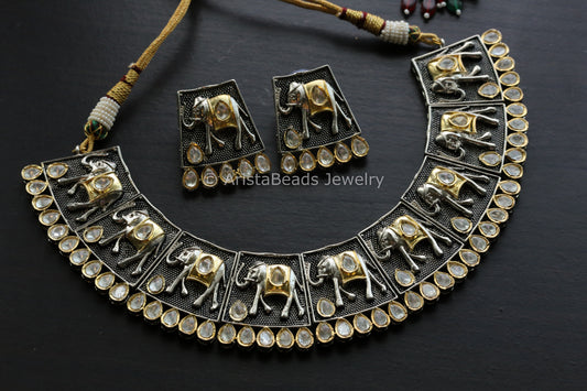 Premium Quality Polki Dual Tone Elephant Necklace Set