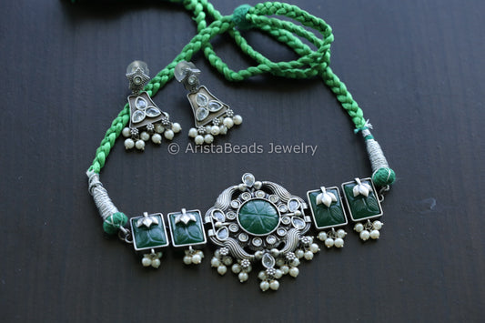 Carved Stones & CZ Choker Set - Green