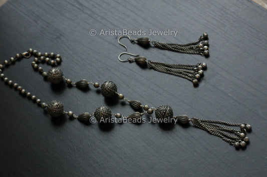 Jaipuri Silver Look Alike Tassel Necklace Set