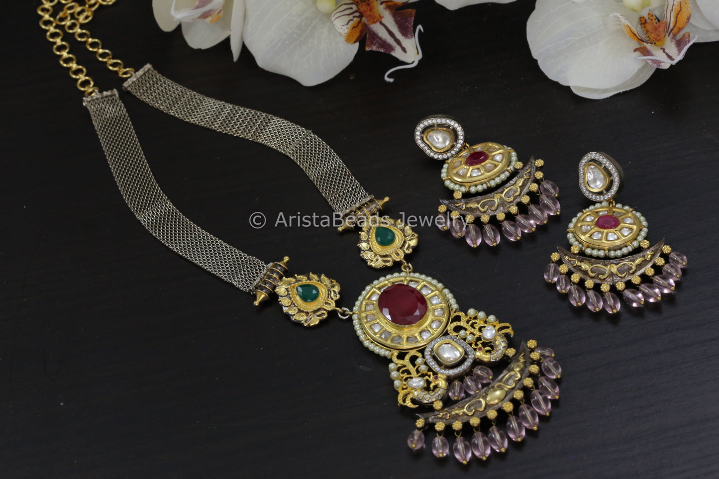 Contemporary Two Tone Kundan Necklace Set - Ruby