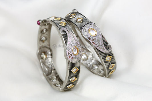 Dual Tone Polki Enamel Bangle Set  - Pink