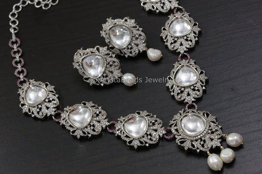 Big Kundan Polki & CZ Necklace Set With Real Pearl Drops