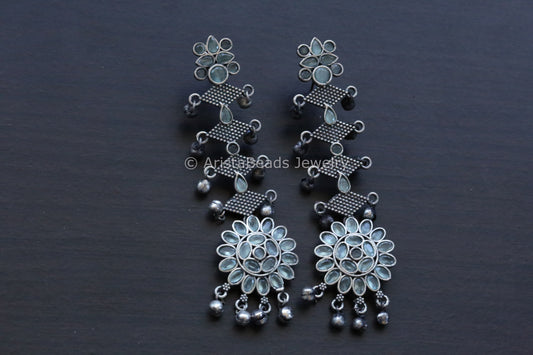 Silver Look Long Earrings - Aqua Blue