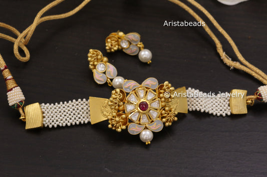 Antique Gold Dainty Enamel Kundan Choker Set -Gray