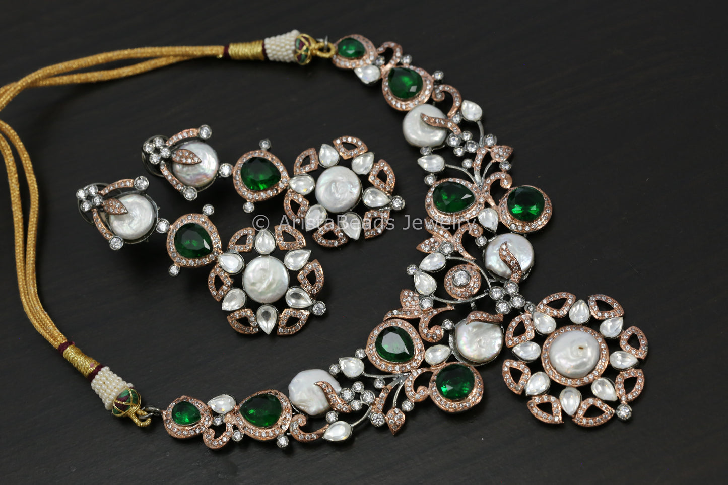 Victorian Rose Gold Kundan Baroque Pearl Necklace Set  - Green