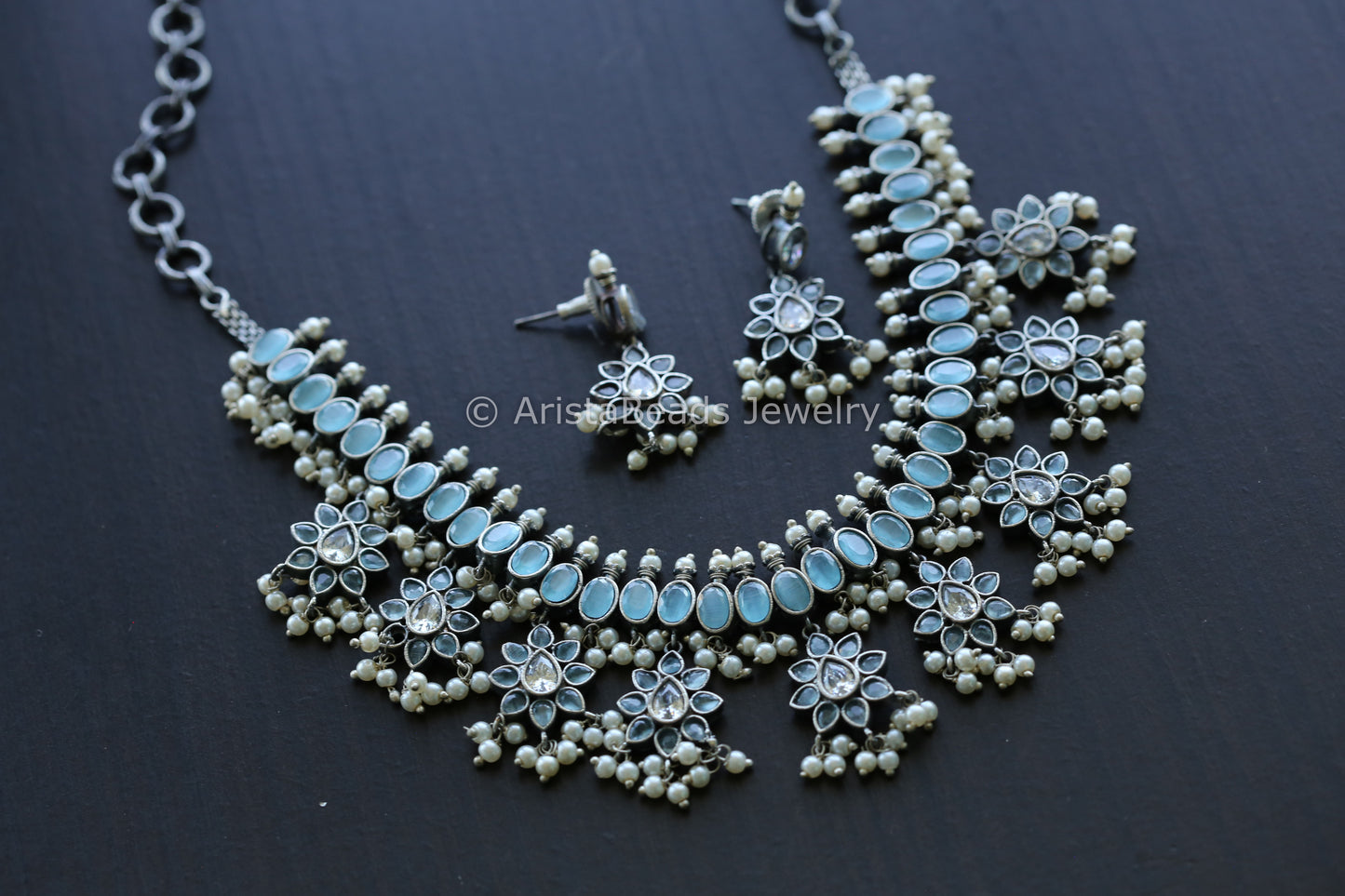 CZ Oxidized Necklace Set - Ice Blue