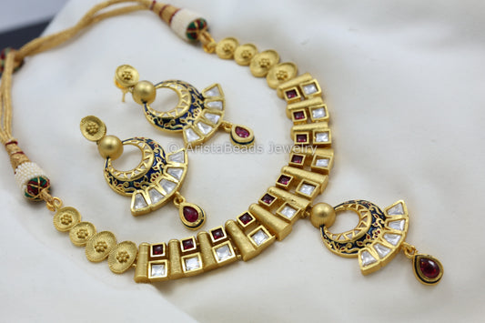 Dainty Kemp & Kundan Enamel Necklace Set - Blue