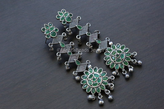 Silver Look Long Earrings - Green