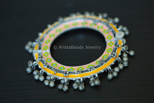 Silver Look Ghungroo Bangle -Yellow Green