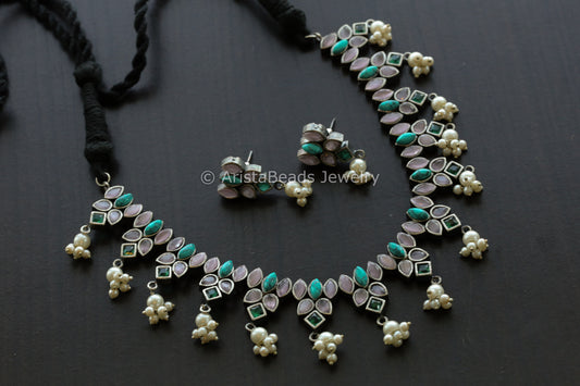 Turquoise Pink Green Oxidized Necklace Set