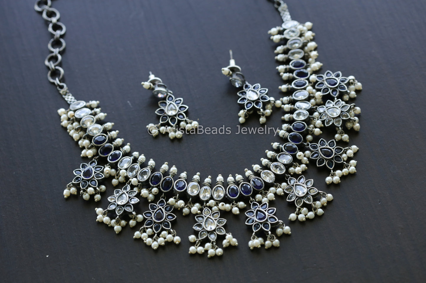 CZ Oxidized Necklace Set - Blue Clear