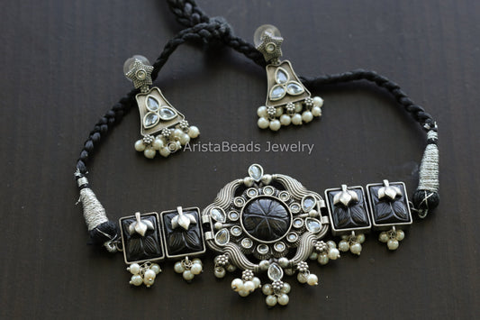 Carved Stones & CZ Choker Set - Black