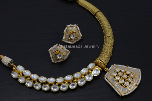 Enamel Kundan Half&Half Hasli Set - Gray