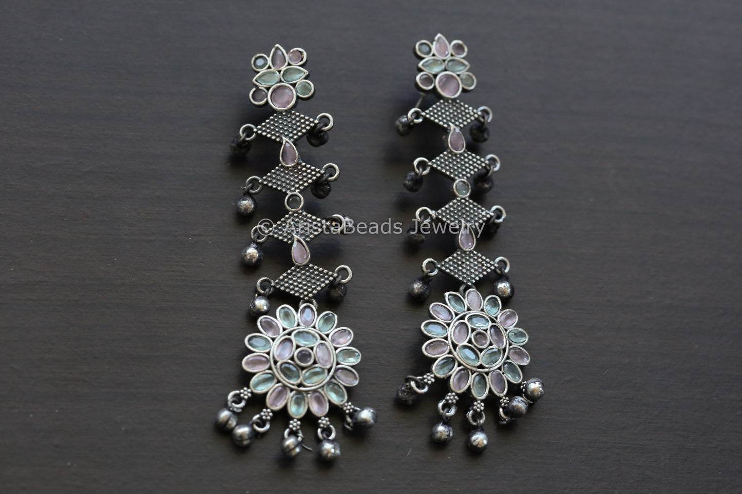 Silver Look Long Earrings - Aqua & Pink