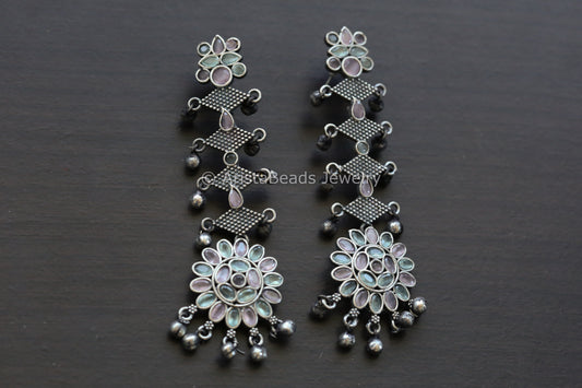 Silver Look Long Earrings - Aqua & Pink