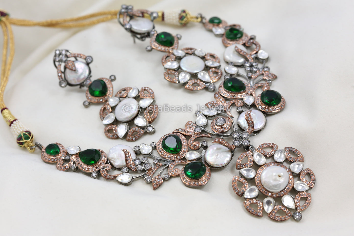 Victorian Rose Gold Kundan Baroque Pearl Necklace Set  - Green