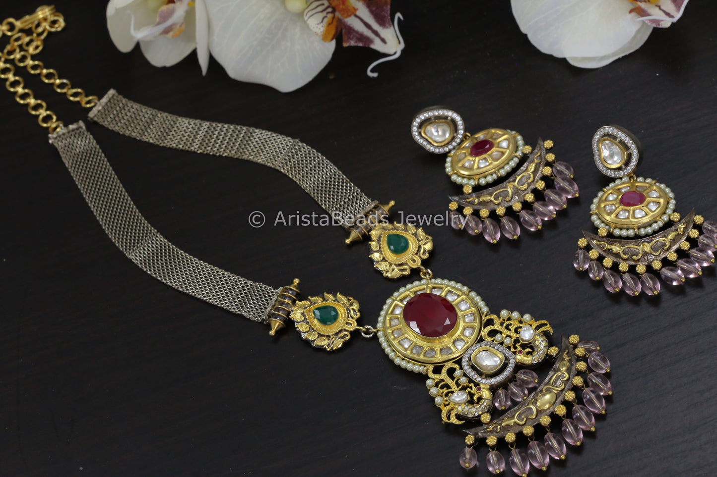 Contemporary Two Tone Kundan Necklace Set - Ruby
